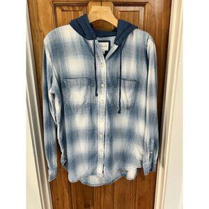 American Eagle Hooded Blue Plaid Flannel ButtonUp Shirt Men SM streetwear skater